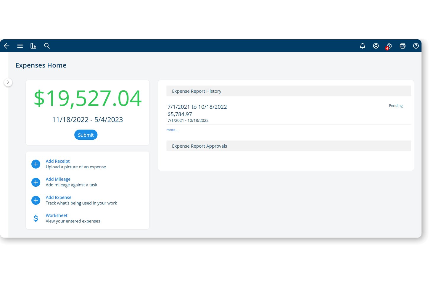 Project Insights startpanel för utgifter visar totalt 19 527,04 USD med en knapp för inskickning och utgiftshistorik.
