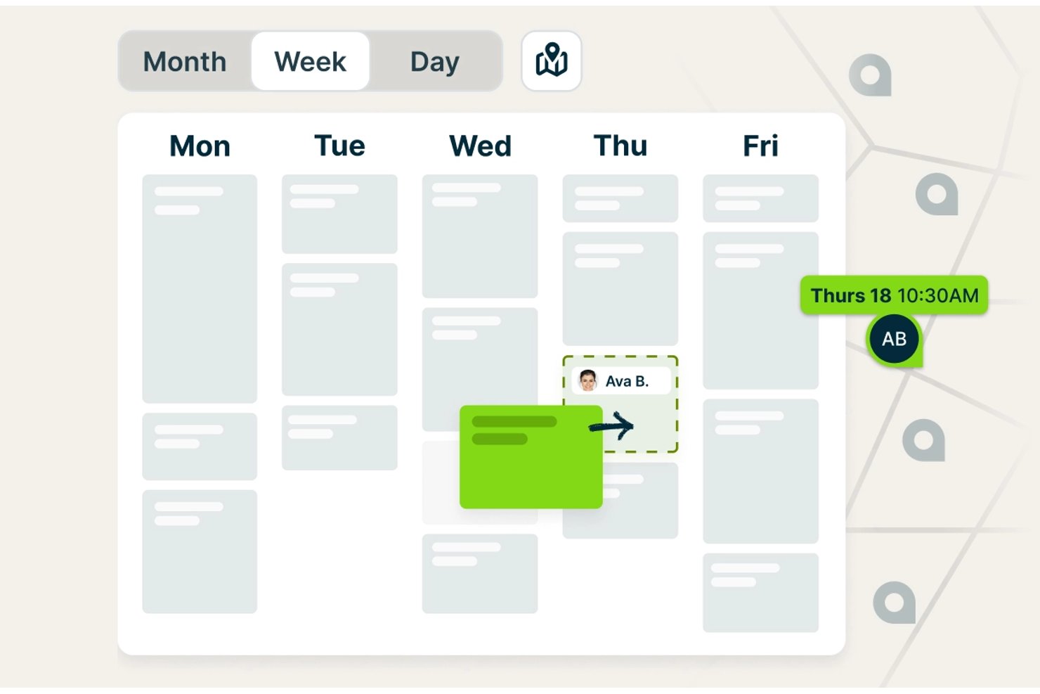 Weekly calendar view with drag-and-drop job scheduling and time tooltip.