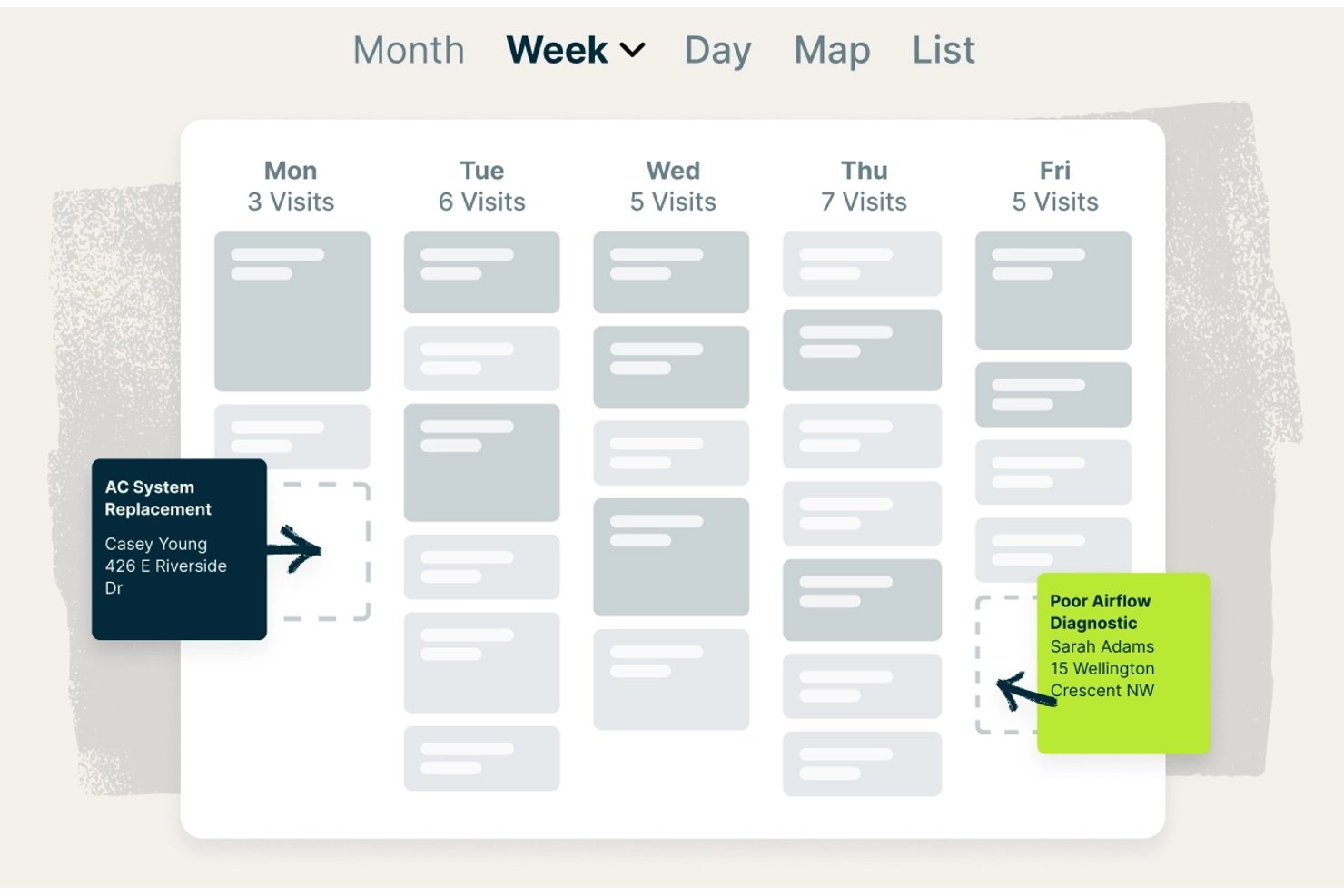 Jobber weekly calendar view showing job visits Mon–Fri with appointment tooltips.