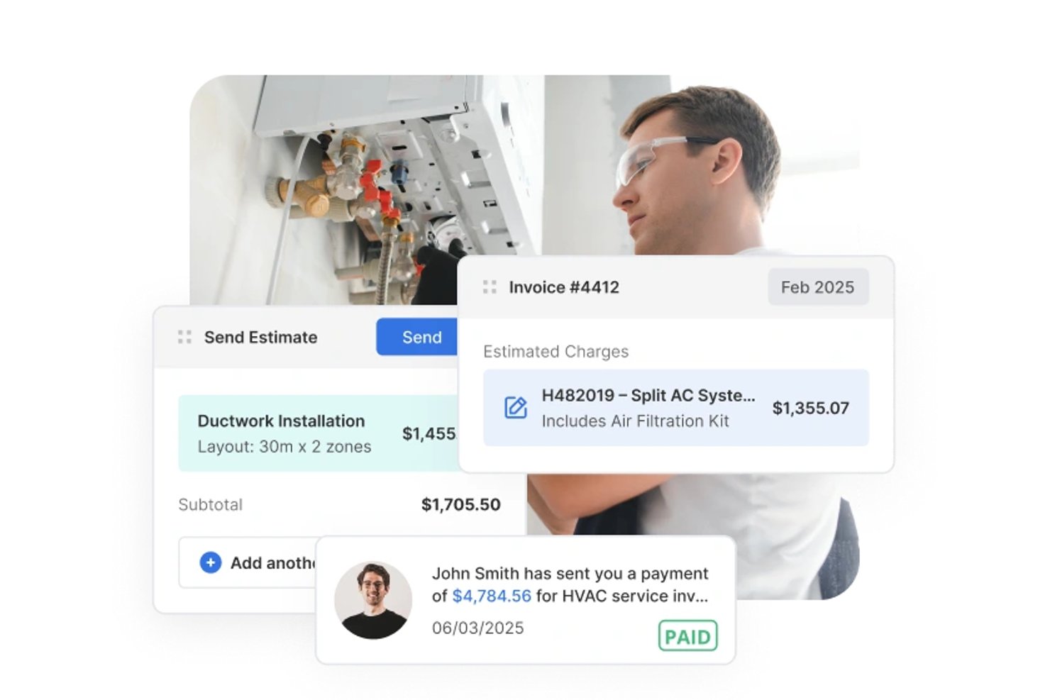 Service Fusion mobile UI showing HVAC invoice, estimate, and payment notification.