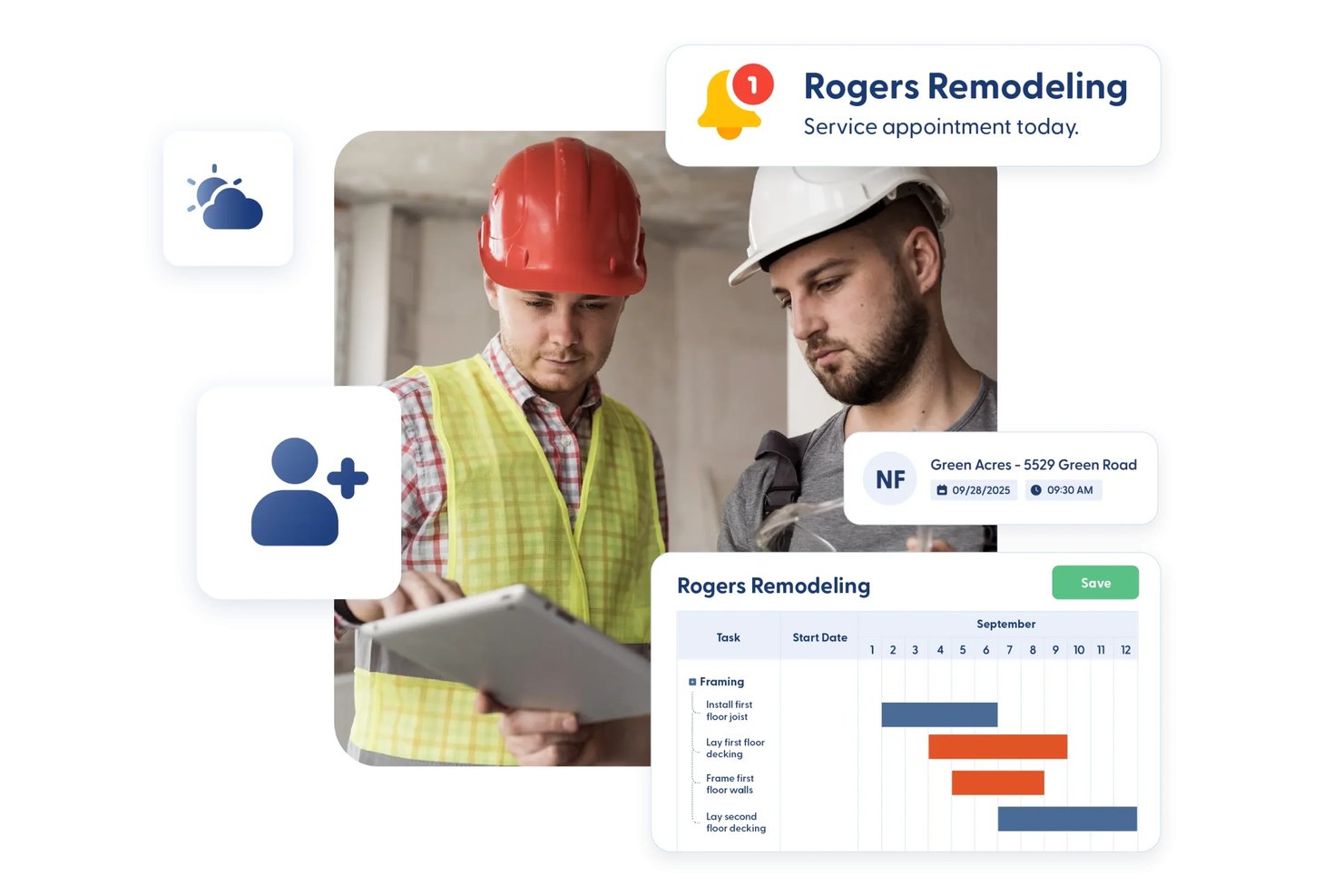 Two construction workers review a tablet beside a Gantt chart and appointment notification UI.