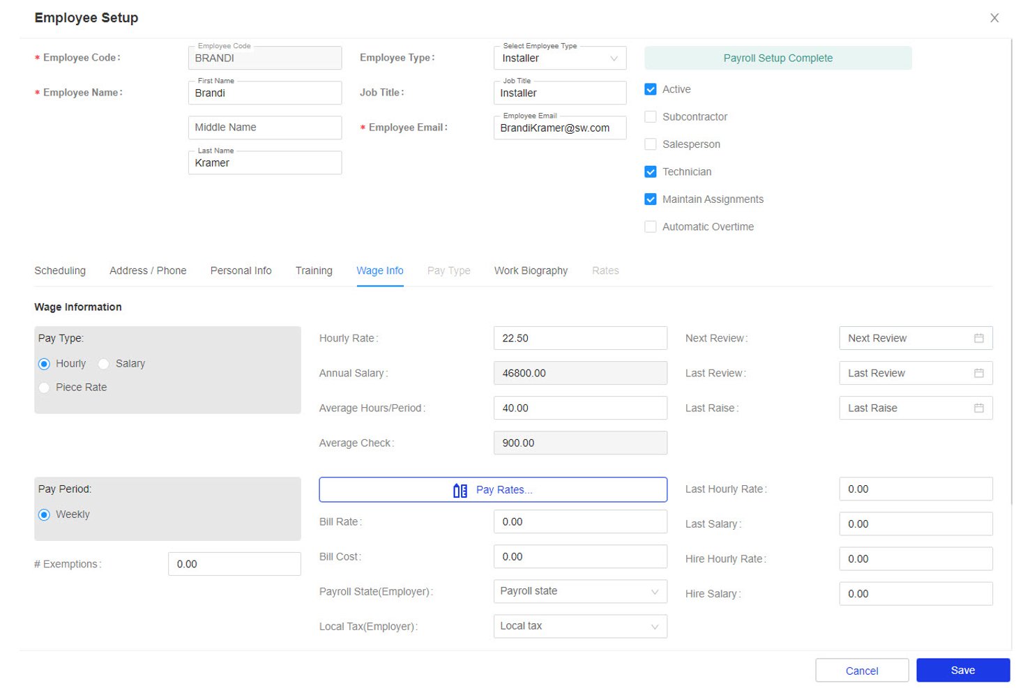 SuccessWare 21 Employee Setup form showing wage info and pay type fields.