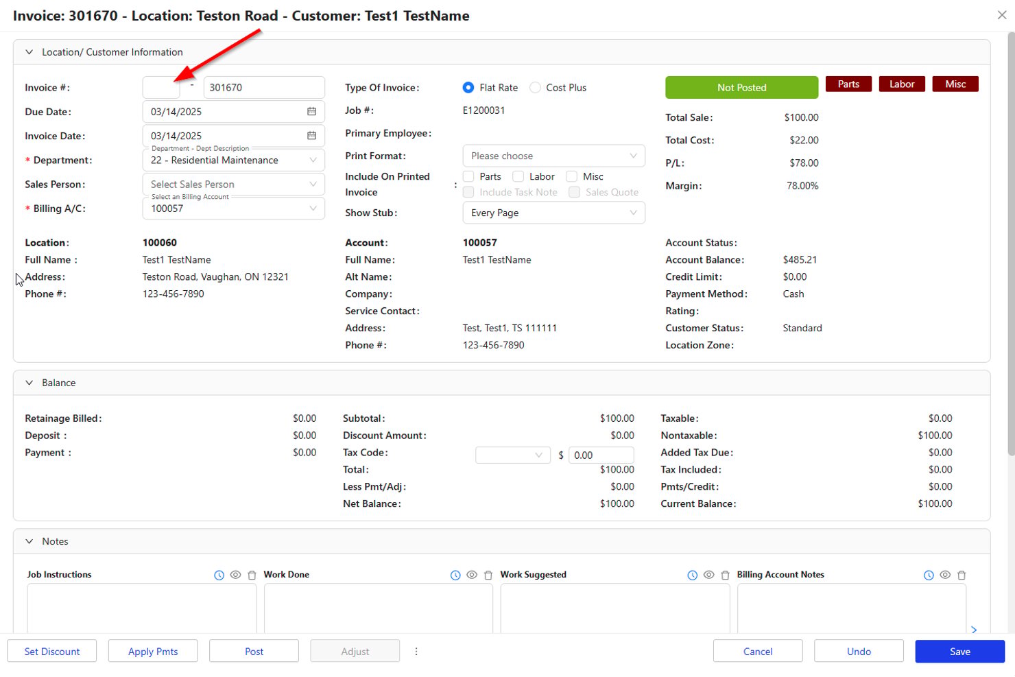 SuccessWare 21 invoice form showing billing details, totals, and balance fields.