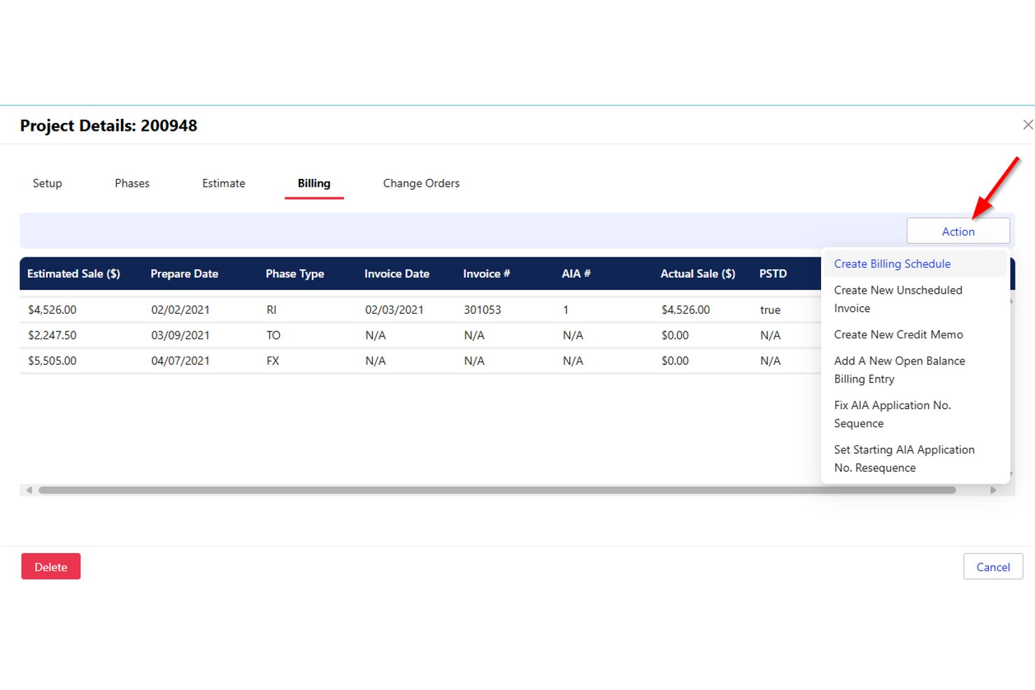 SuccessWare 21 project billing tab showing invoices and an action dropdown menu.