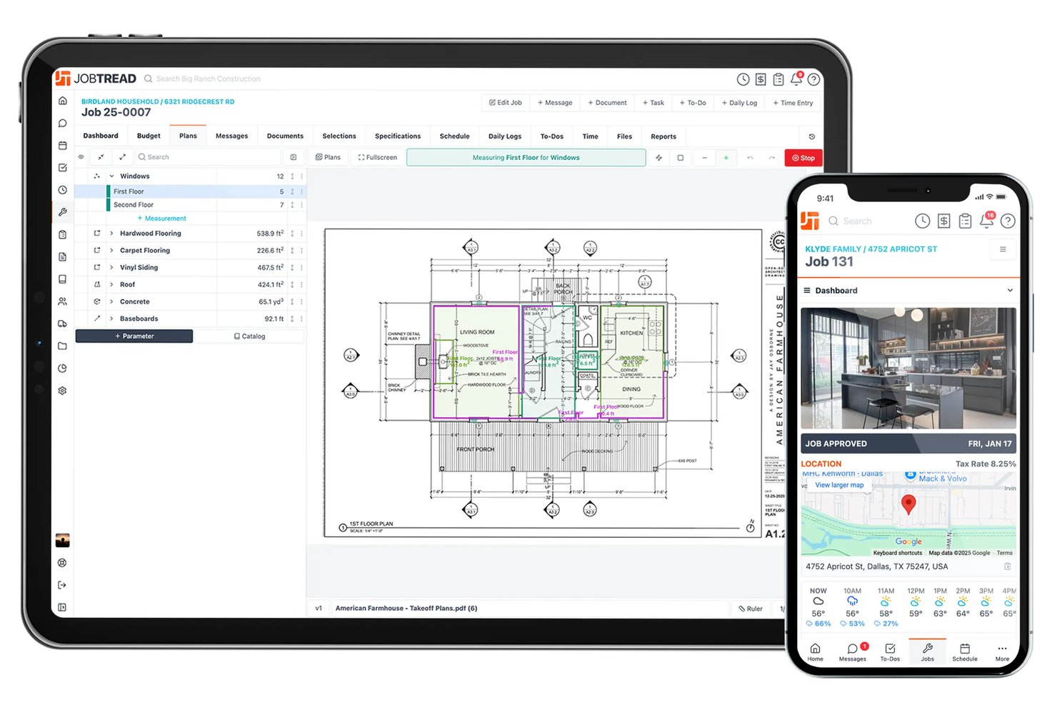 JobTread tablet and mobile app showing floor plan takeoff and job dashboard.