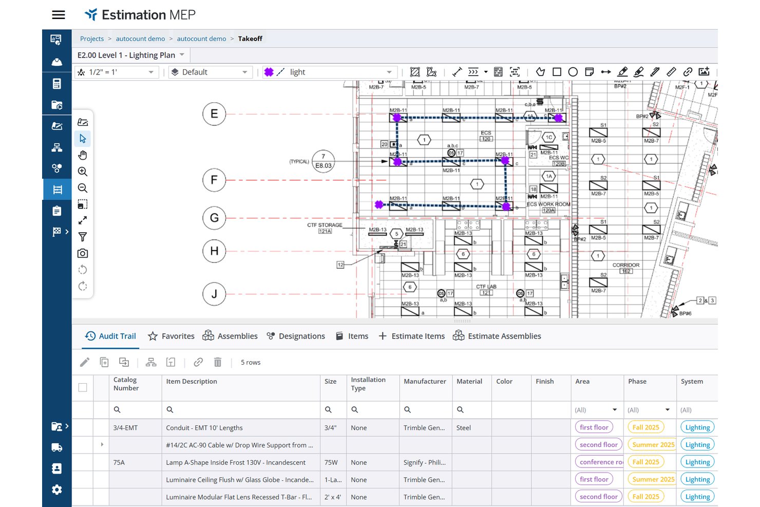 Trimble Estimation MEP showing a lighting plan takeoff with audit trail table below.