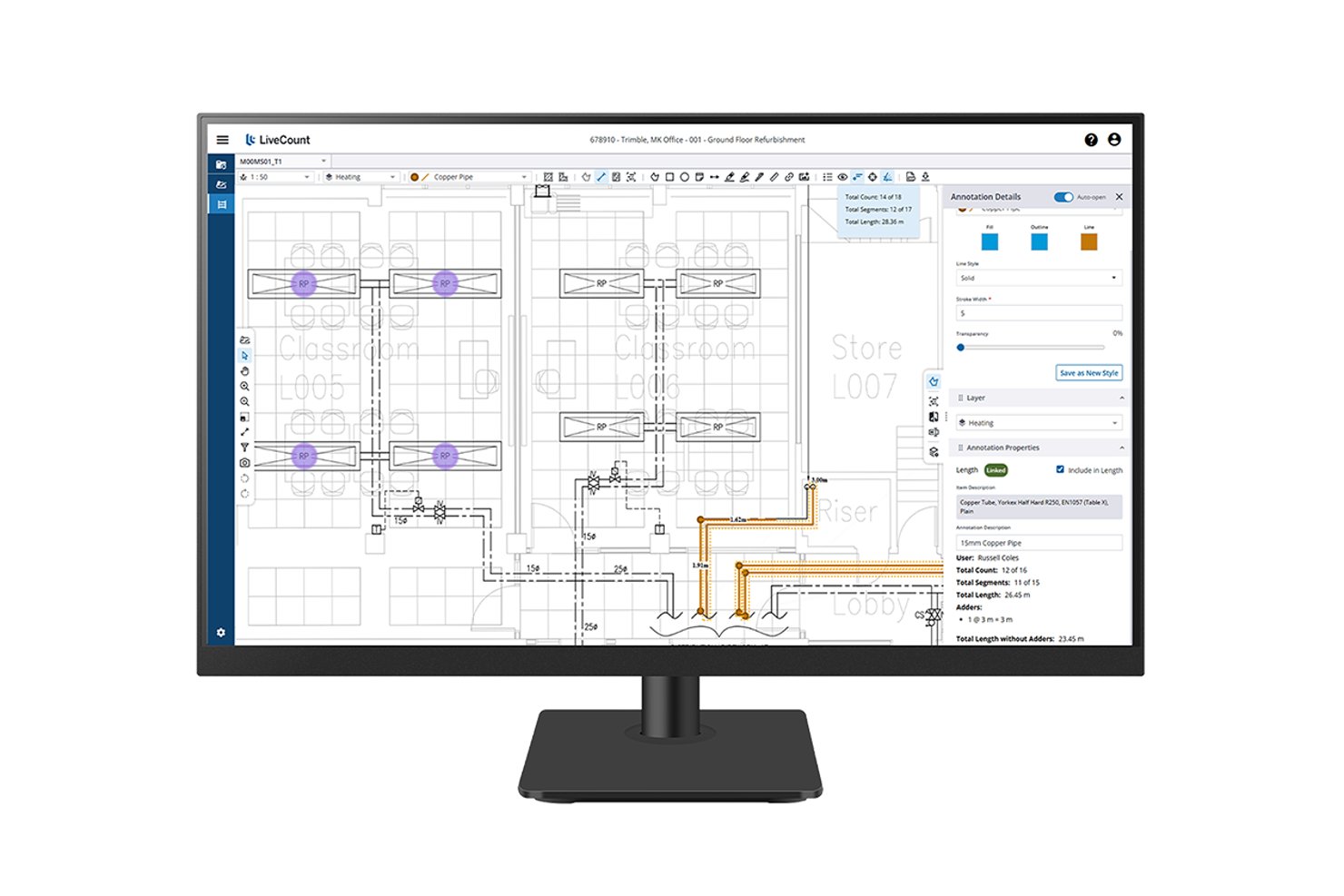 Trimble LiveCount software displaying heating pipe takeoff on a ground floor plan.