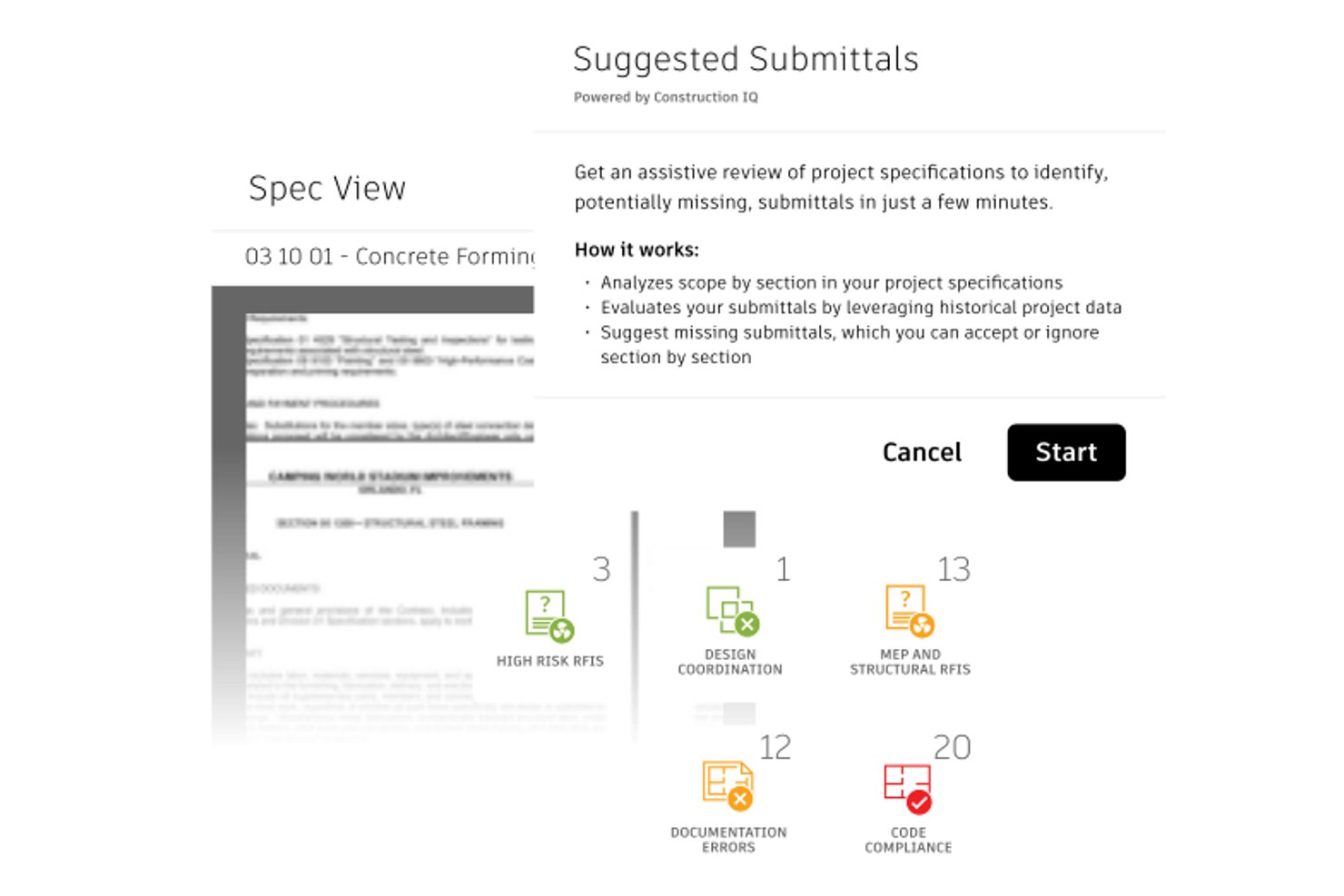 Autodesk Construction Cloud Suggested Submittals dialog with AI-powered spec review and start button.