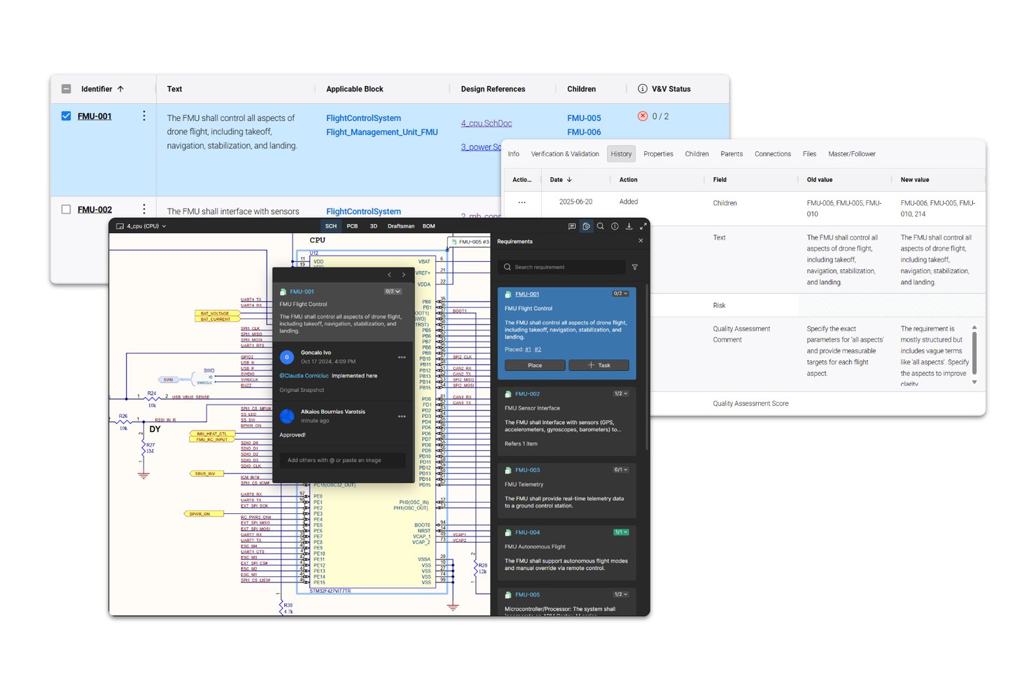 Interface de Requirements Portal affichant une liste d'exigences FMU, un journal de l'historique et un schéma avec des commentaires de collaboration.