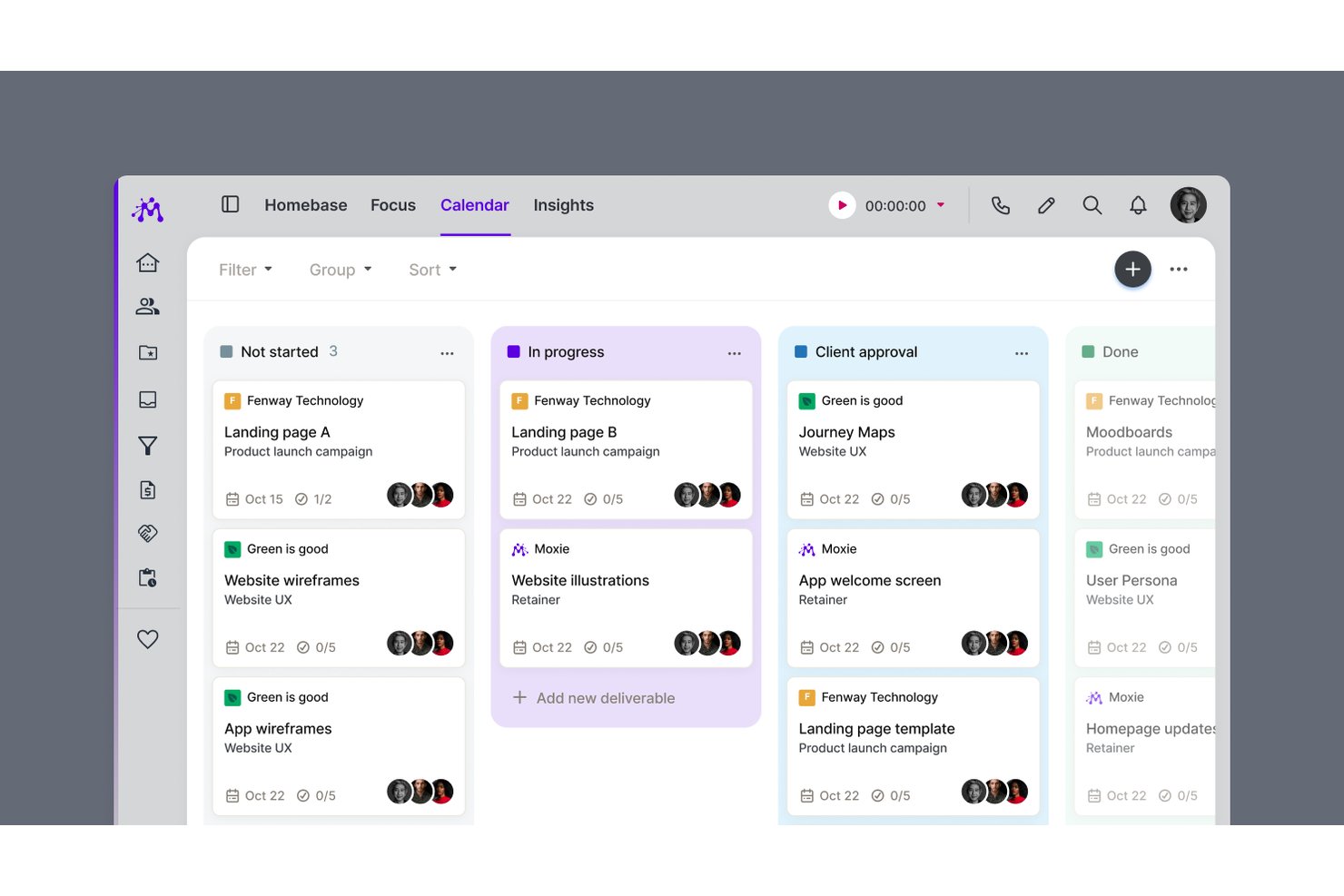 Moxie Kanban board showing project deliverables across four status columns.