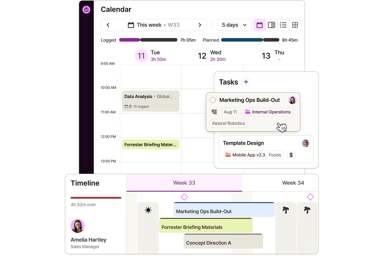 Toggl calendar and timeline view showing tasks, logged hours, and project assignments.