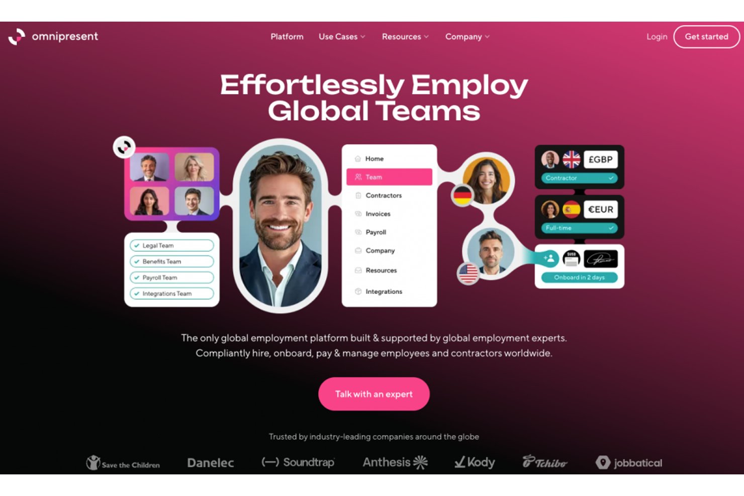 Omnipresent homepage showing global employment platform with team management UI.