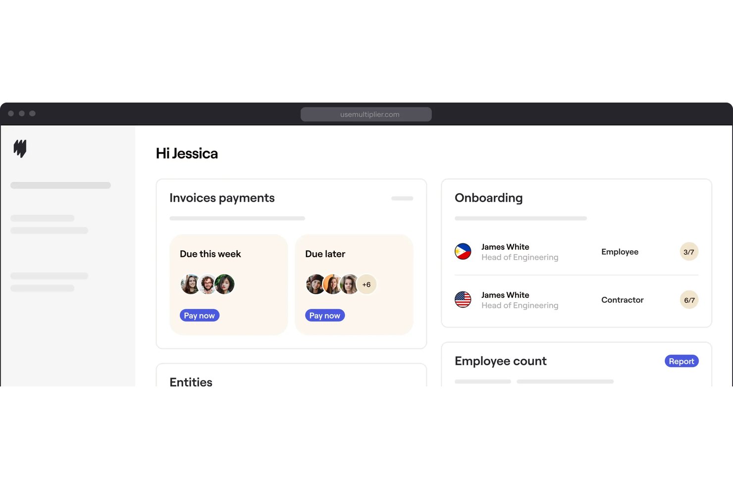 Multiplier dashboard showing invoice payments, onboarding status, and employee count.