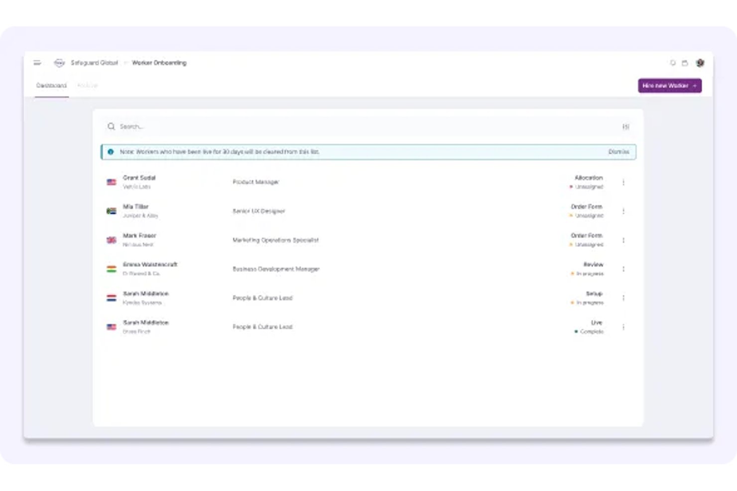 Safeguard Global worker onboarding dashboard listing employees with status indicators.