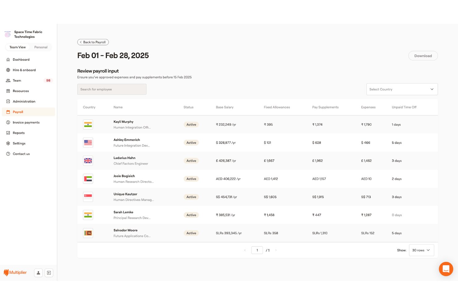 Multiplier payroll dashboard showing employee salaries across multiple countries and currencies.