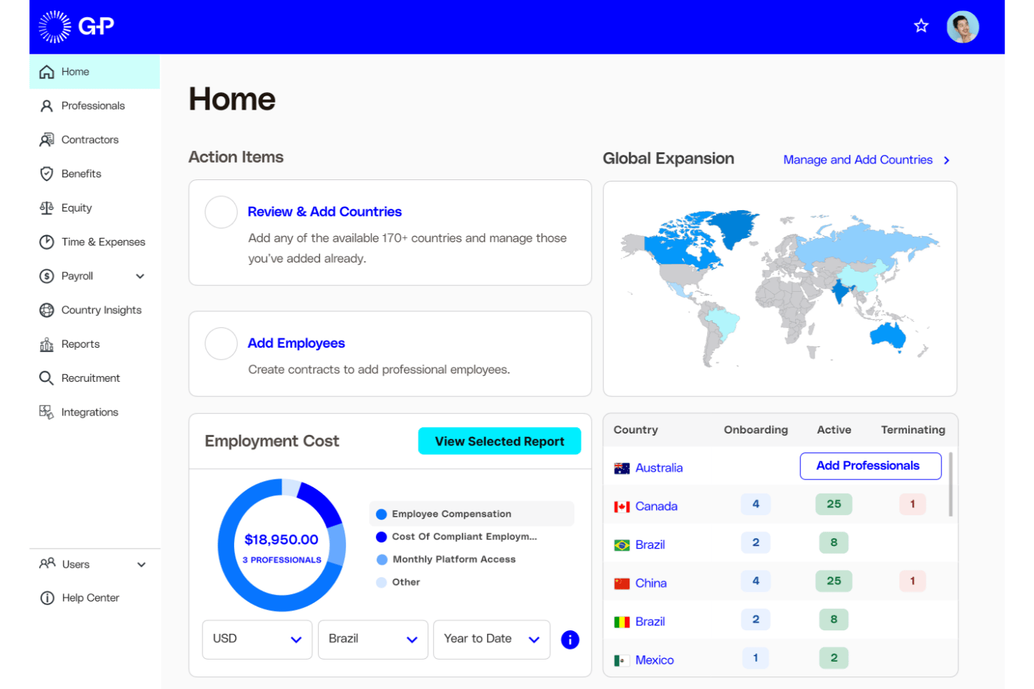 G-P dashboard showing global expansion map, employment costs, and country workforce data.