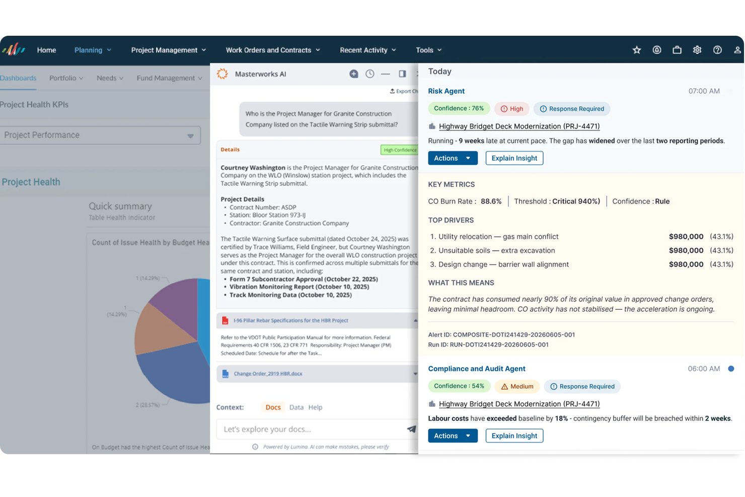 Aurigo Masterworks dashboard showing AI chat, risk alerts, and project KPIs.