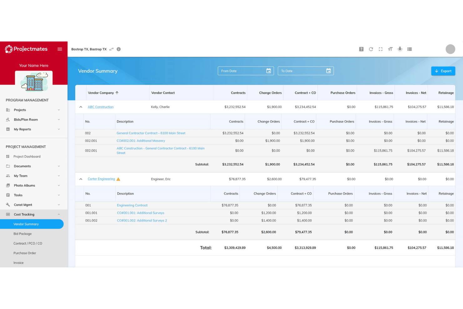 Projectmates Vendor Summary dashboard showing contracts, change orders, and invoice totals.