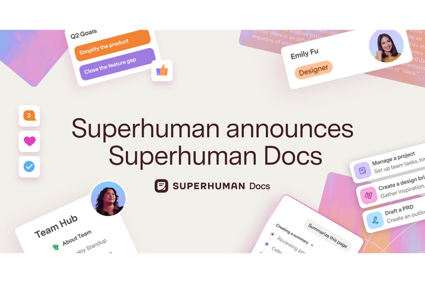 Superhuman Docs announcement banner showing document and team collaboration UI elements.