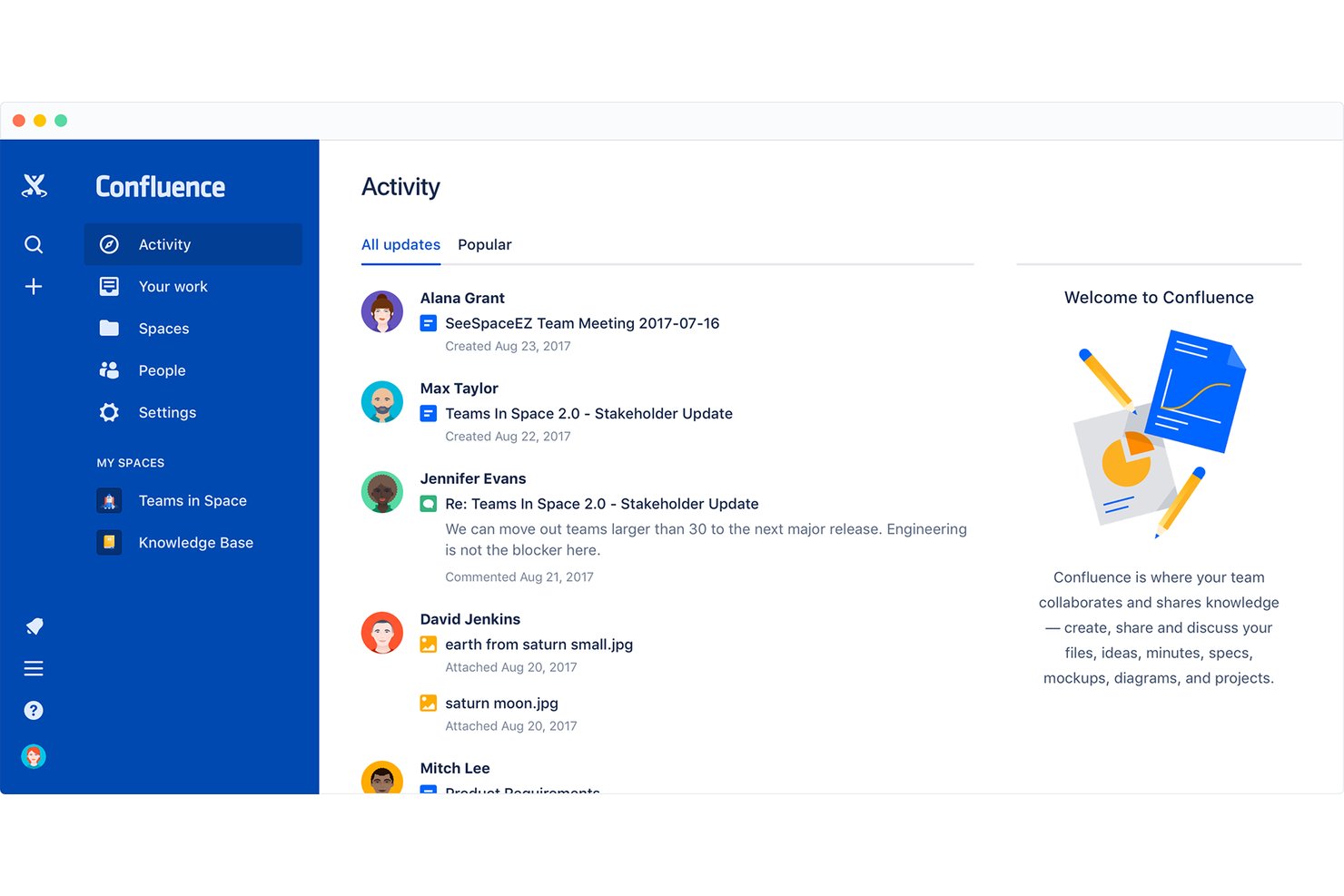 Confluence Activity feed showing team updates, comments, and file attachments.