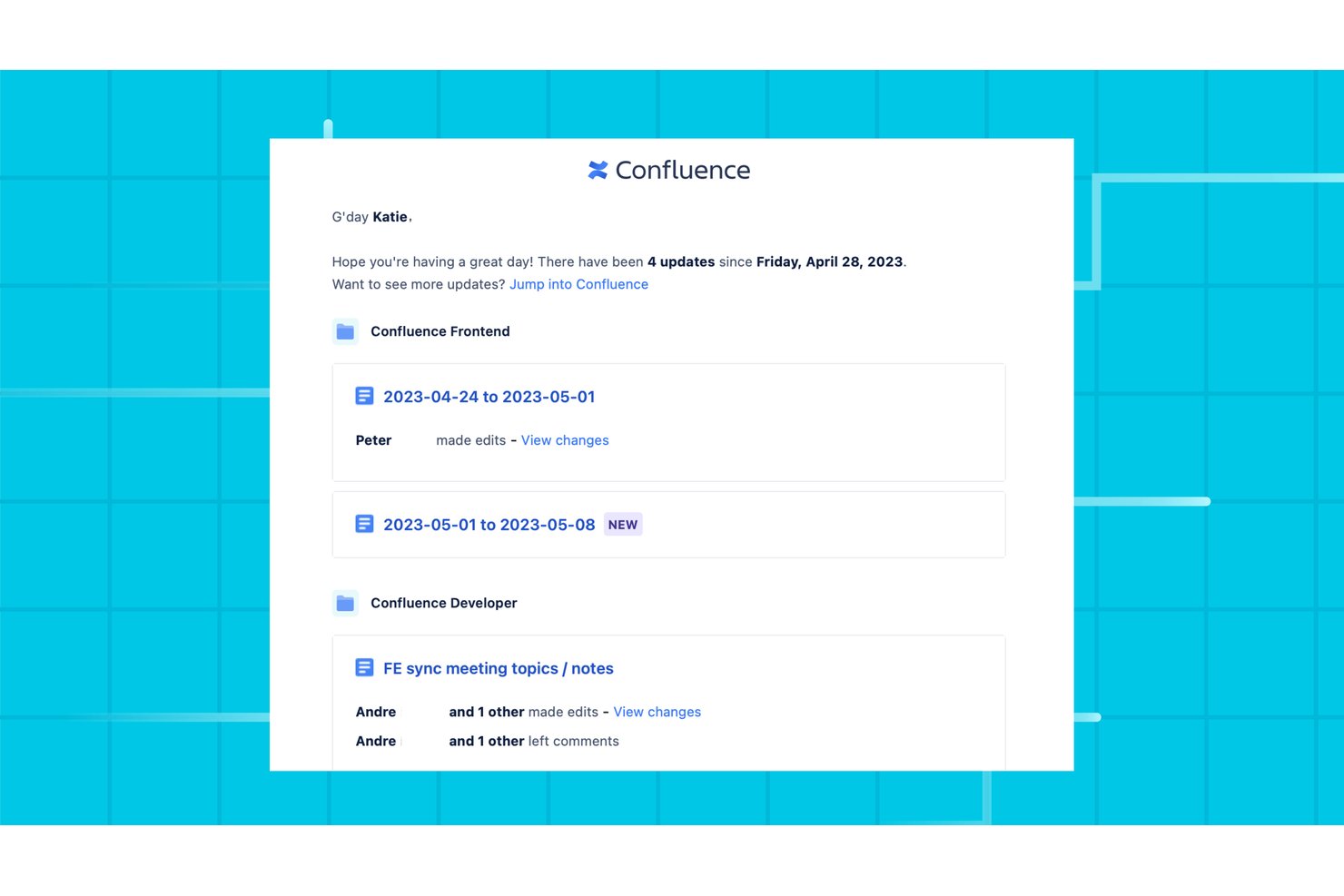 Riepilogo email di Confluence che mostra 4 aggiornamenti in due spazi con collegamenti alle pagine.