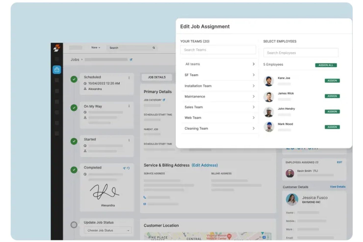 Zuper job assignment panel showing teams list and employee assign buttons.
