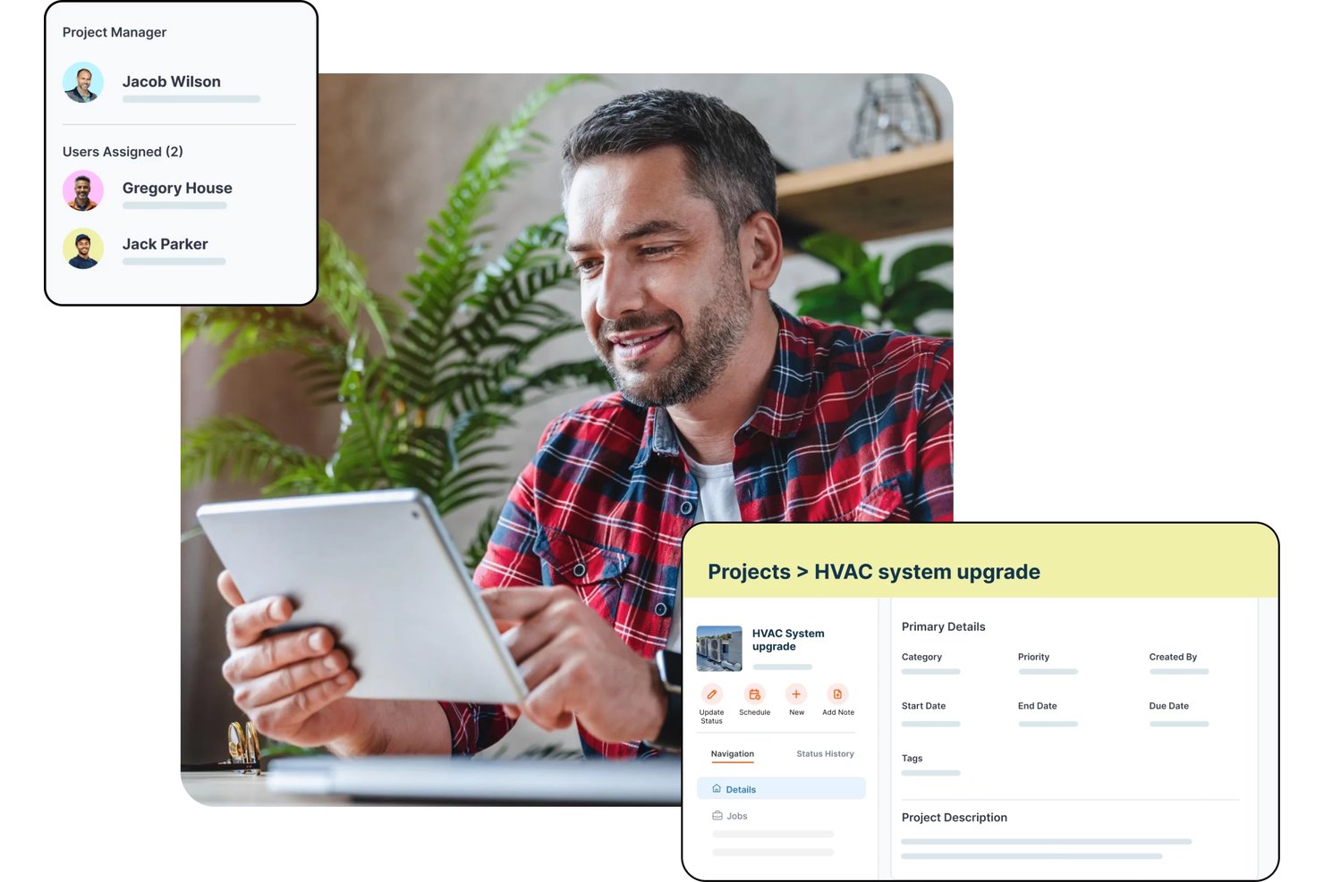 Zuper project management UI showing HVAC system upgrade details and team assignments.