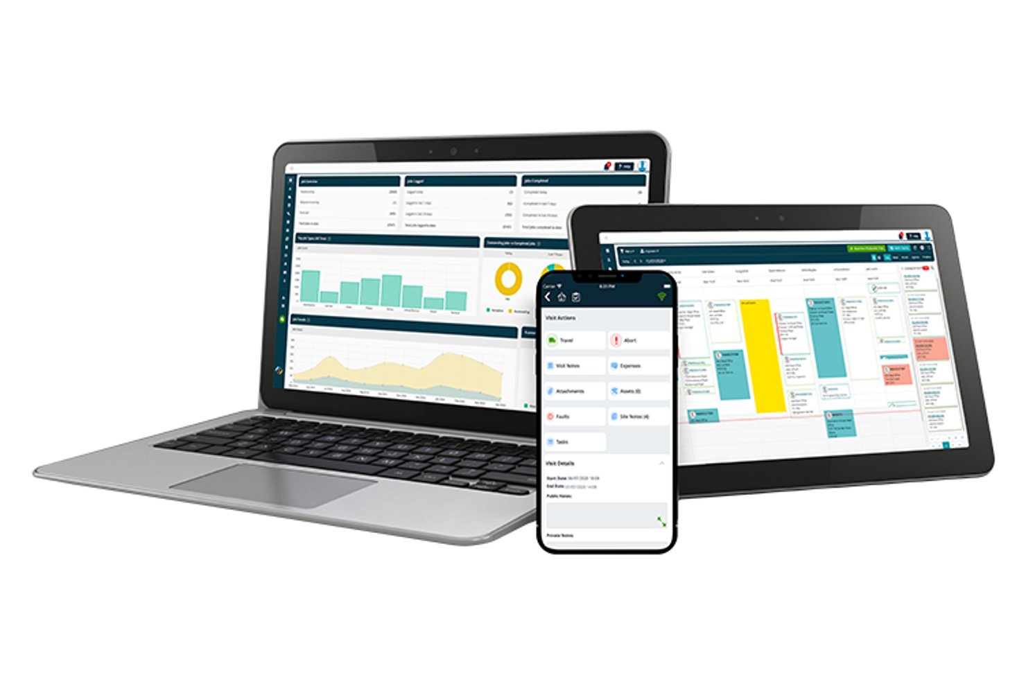 Joblogic software shown on laptop, tablet, and smartphone with dashboards and scheduling.