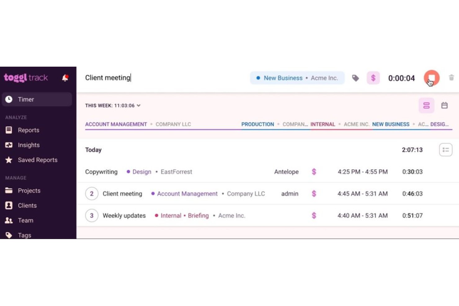Toggl Track timer interface showing time entries for client meetings and tasks.
