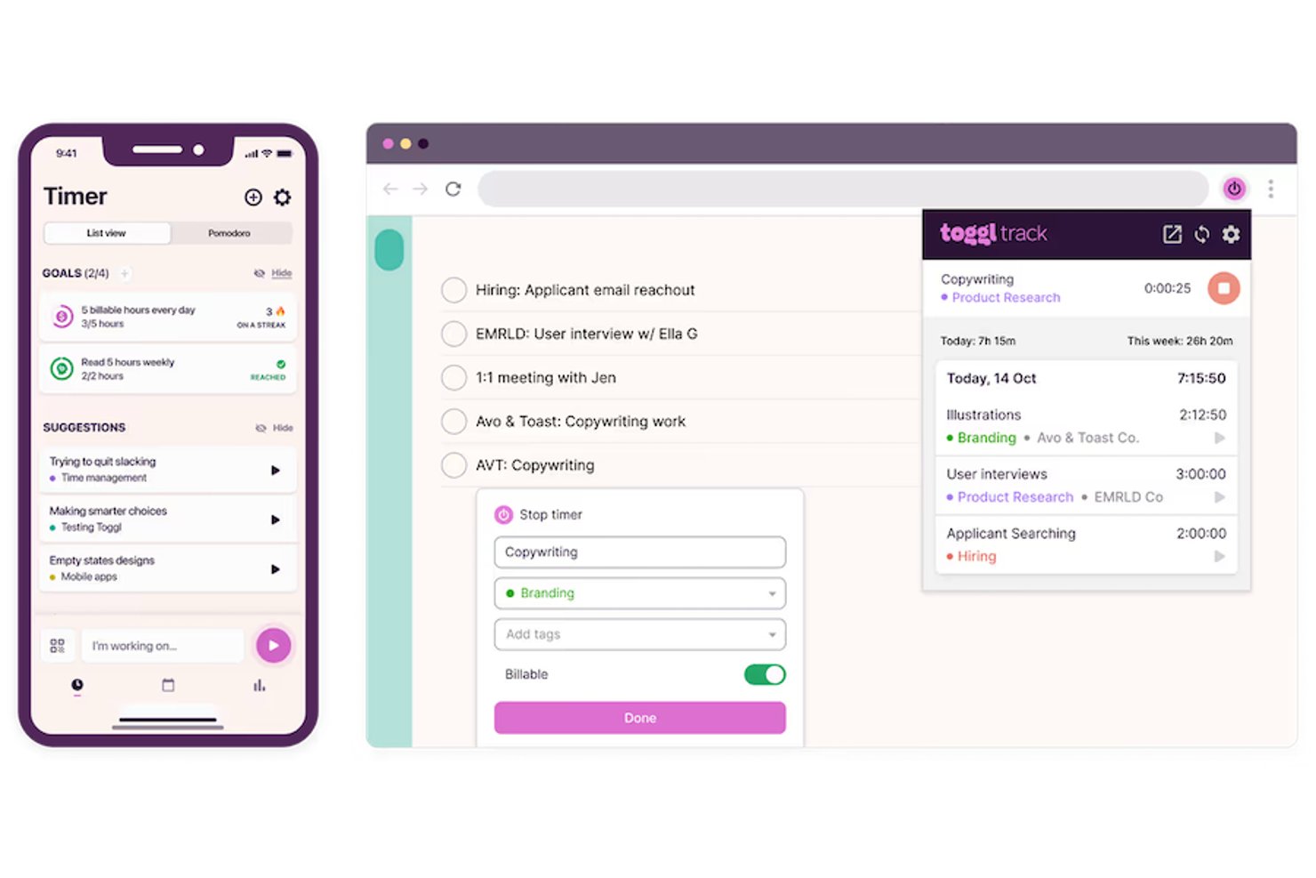 Toggl Track -sovellus näkyy mobiililaitteella ja tietokoneella aktiivisine ajastimineen ja tehtävineen.