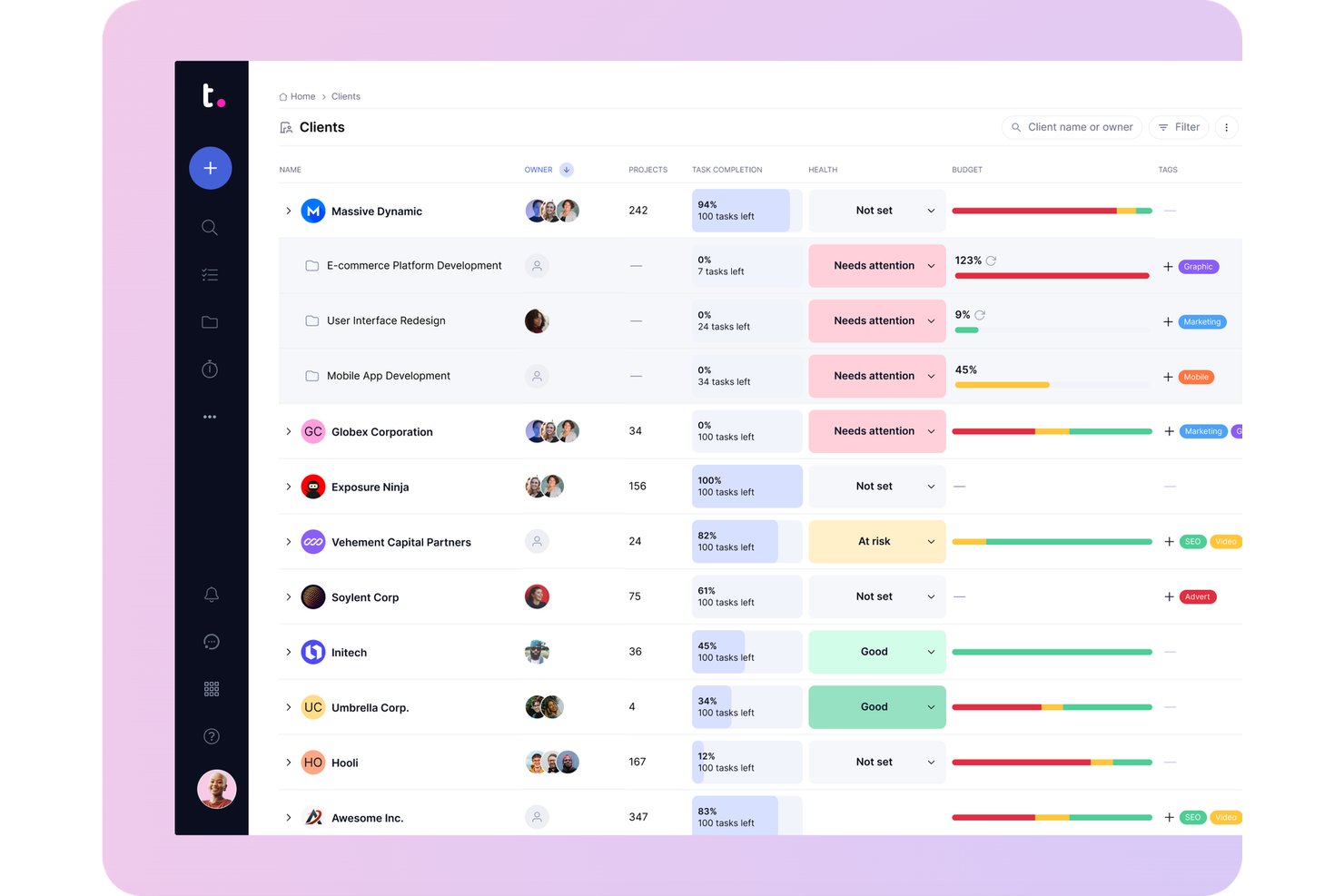 Pannello di controllo dei clienti di Teamwork.com che mostra il completamento delle attività, lo stato di salute e le barre del budget.