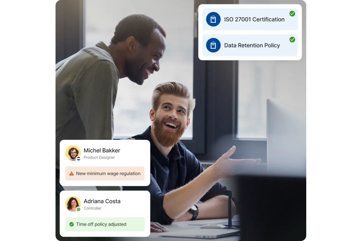 Two professionals at a desk with compliance status cards and employee alerts overlay.