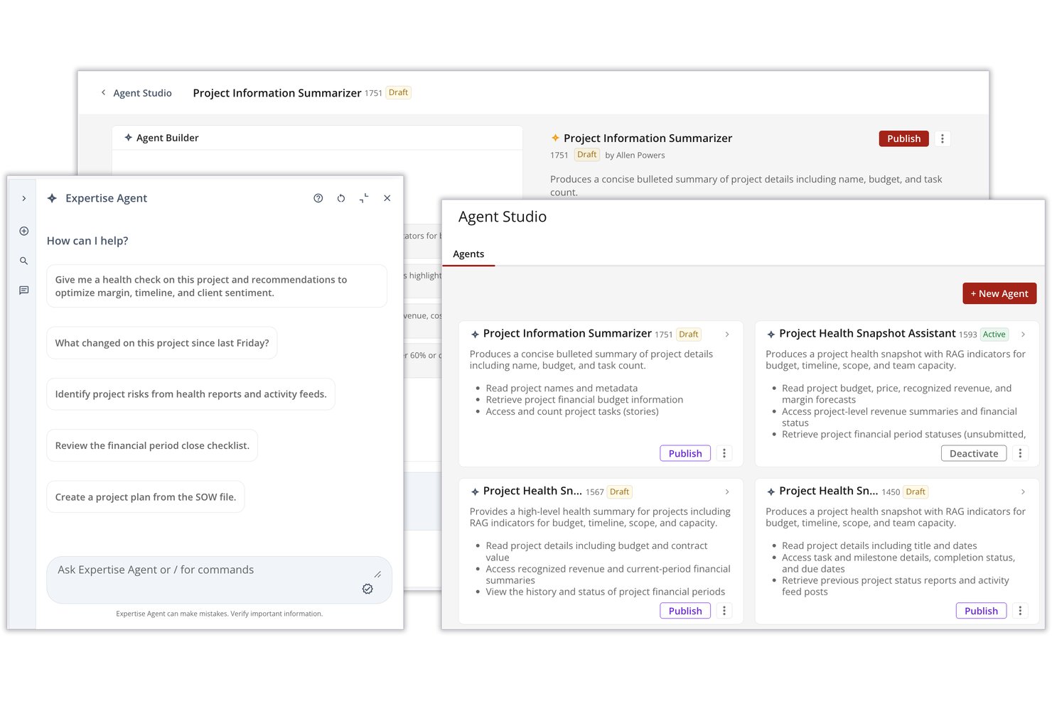 Kantata Agent Studio showing AI agents list and Expertise Agent chat interface.