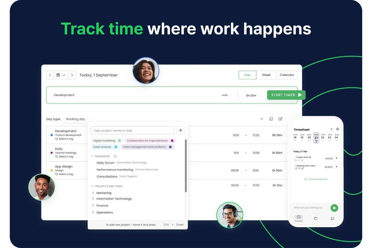 TimeCamp time tracking dashboard showing timer, projects, and timesheet panel.