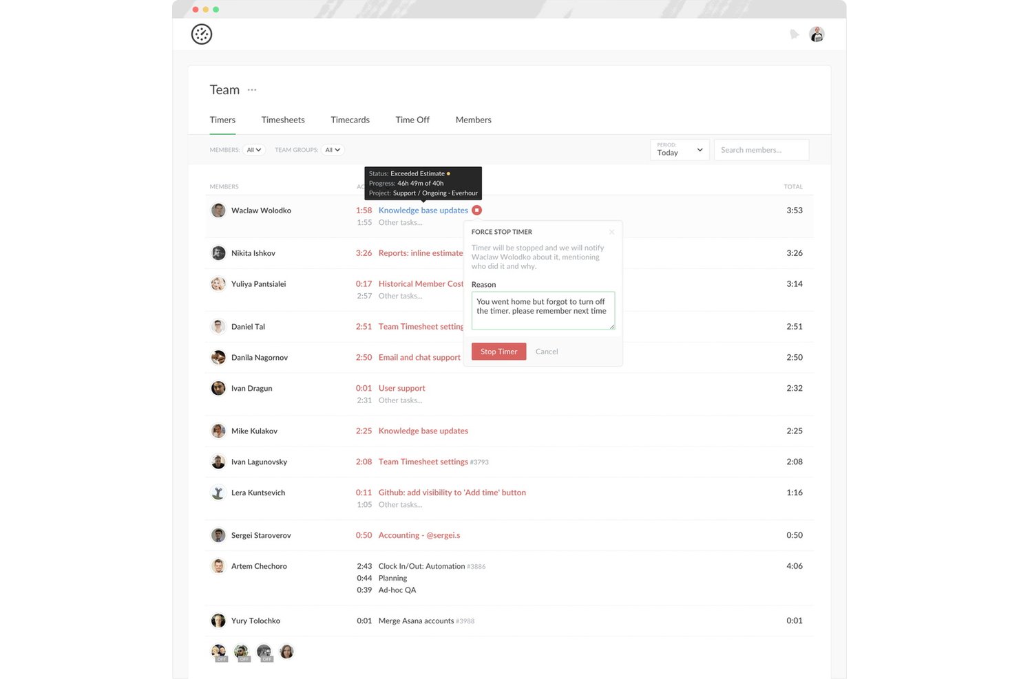 Everhour team timers dashboard with force stop timer dialog and reason field