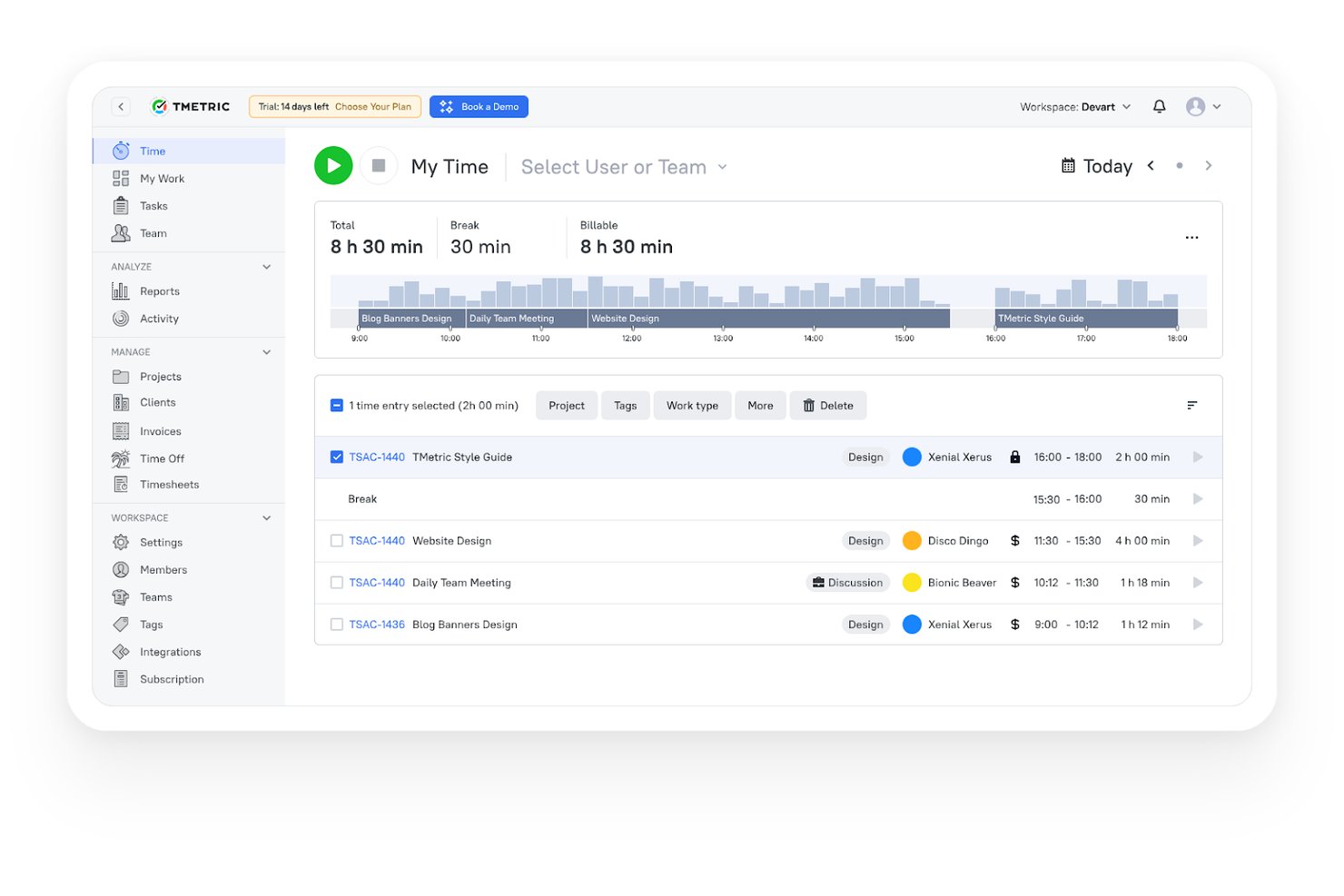 TMetric daily time tracking dashboard showing time entries and billable hours.