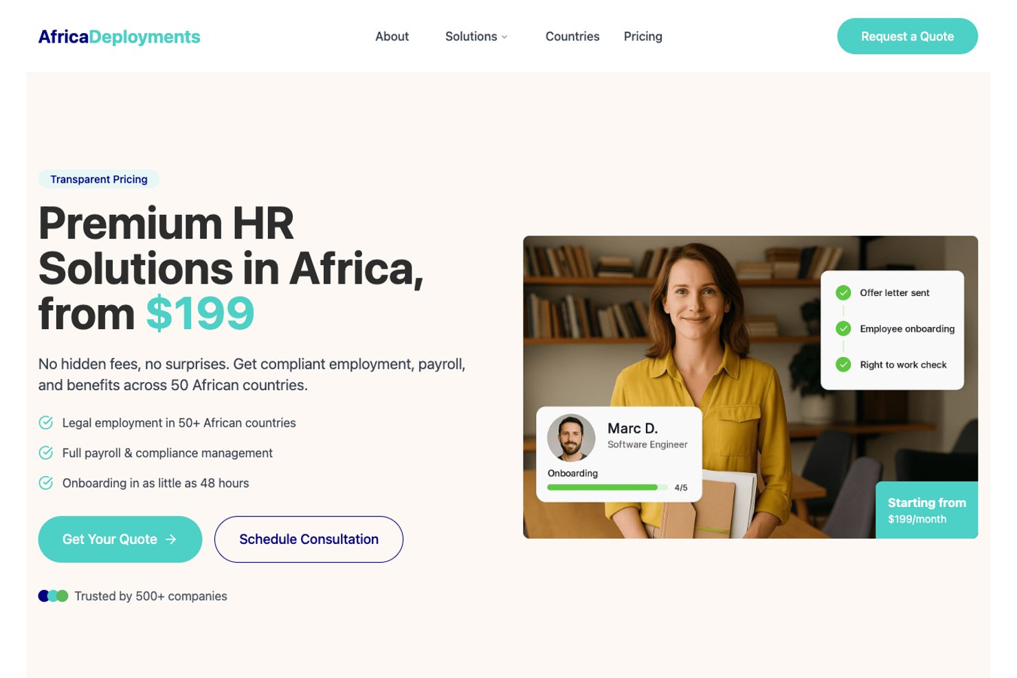 Pagina iniziale di Africa Deployments che mostra prezzi per le soluzioni HR a partire da $199 al mese.