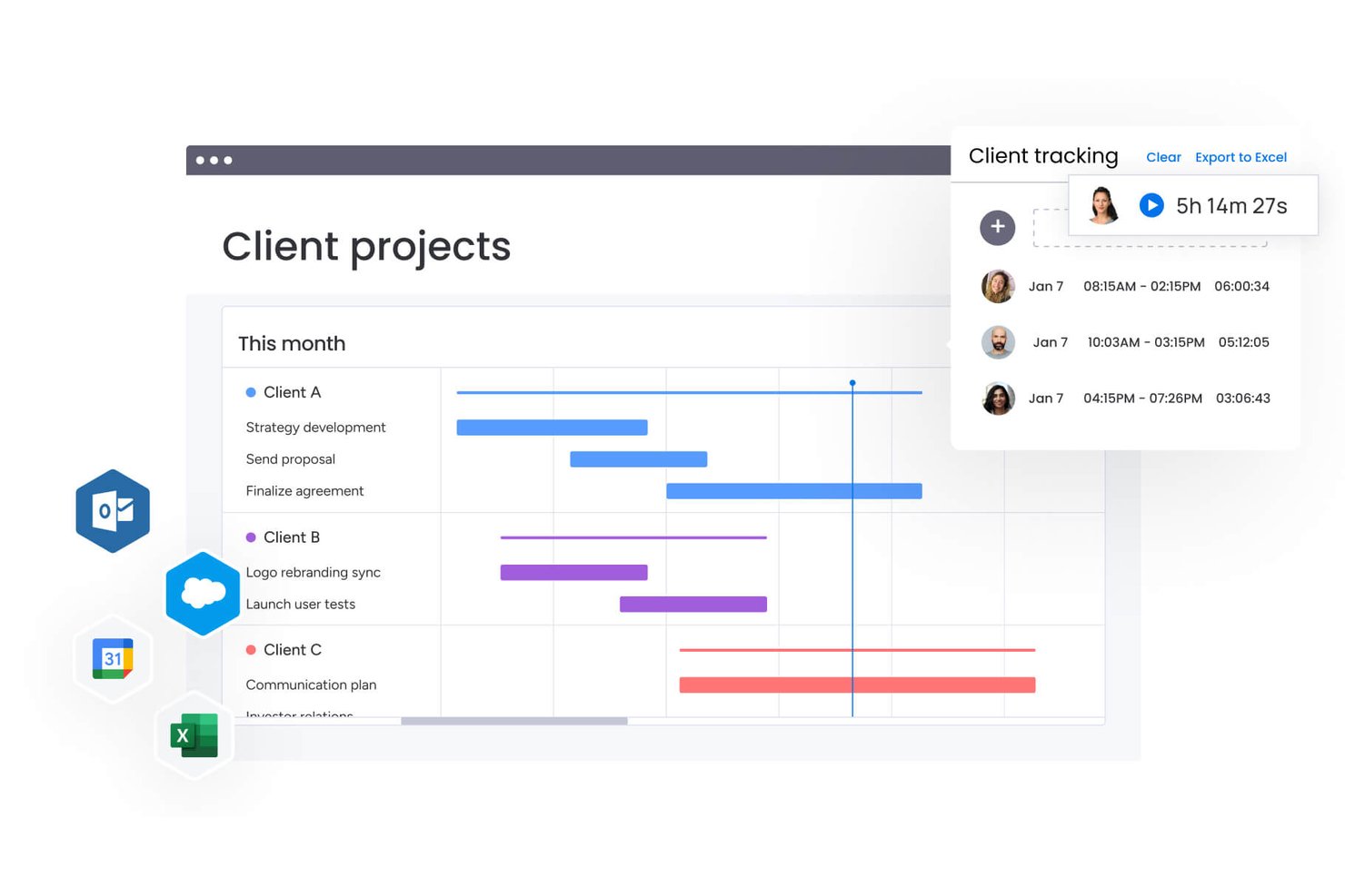Gantt chart of client projects with time tracking panel showing team hours logged.