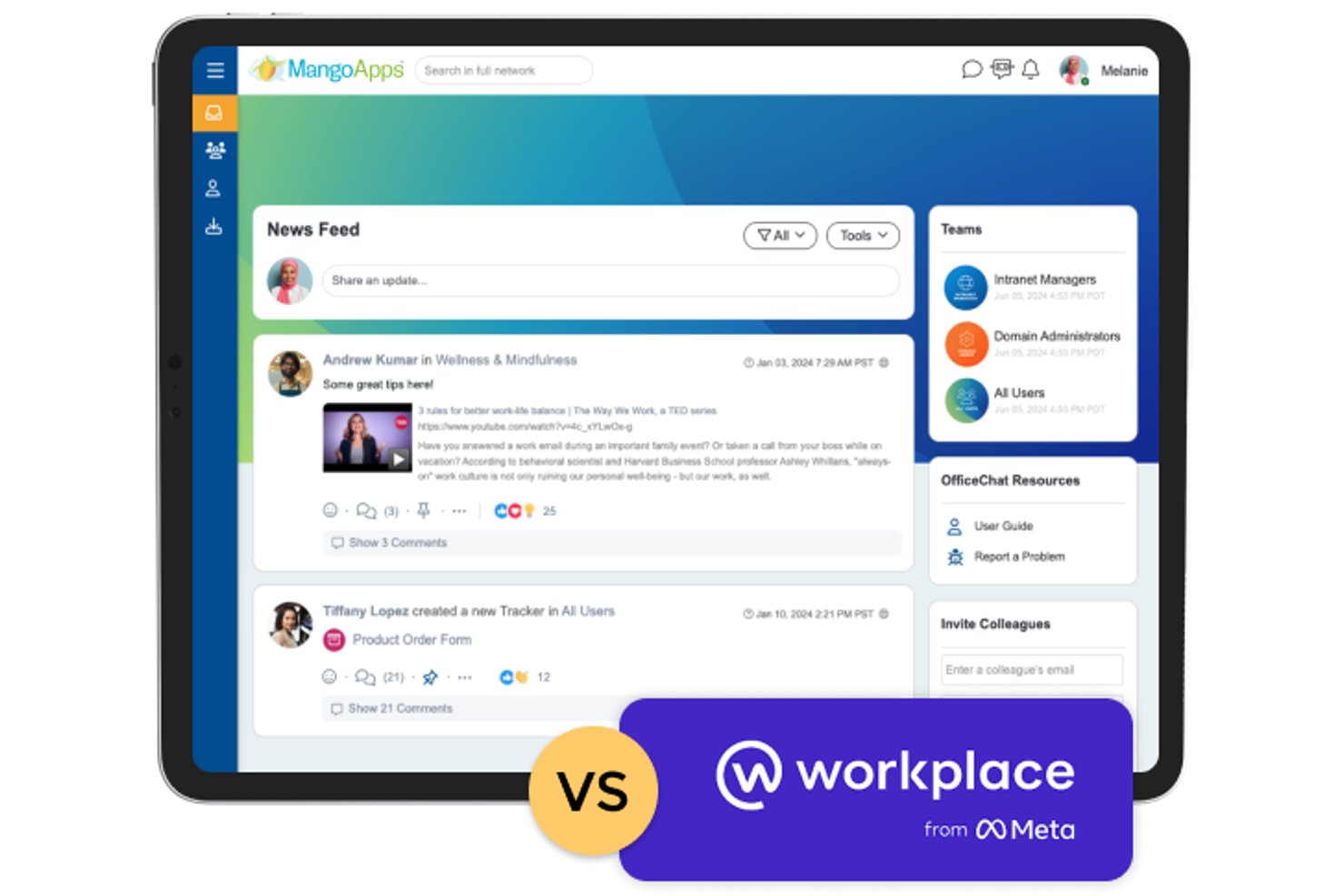 MangoApps' brugerflade til nyhedsfeed sammenlignet med Meta Workplace-logoet.