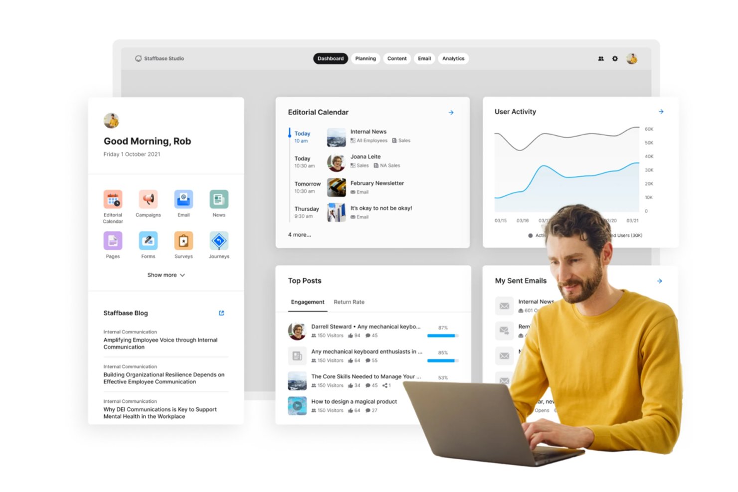 Staffbase Studio-kontrolpanel, der viser redaktionskalender, mest populære opslag og diagrammer over brugeraktivitet.