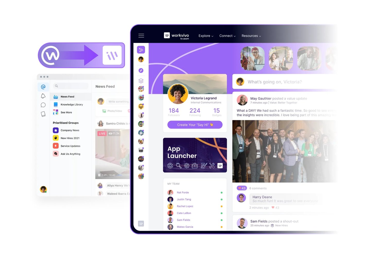 Workvivo-platformen viser nyhedsfeed, brugerprofil og skærmbilleder med social aktivitet.