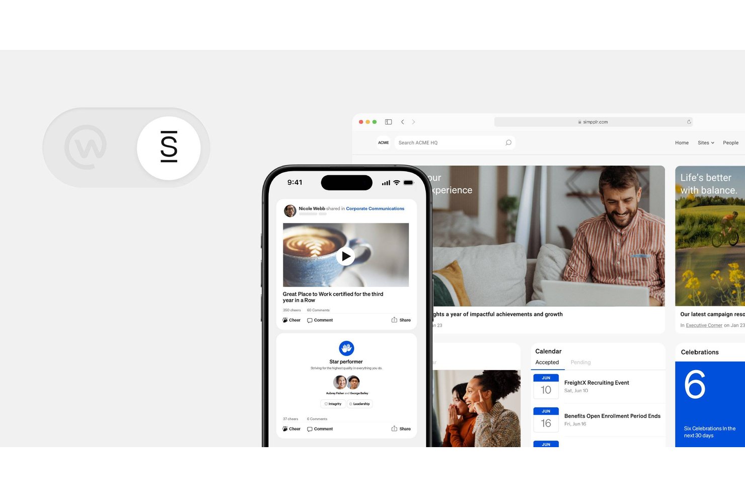 Simpplrs intranet vist på mobil og computer med nyhedsfeeds og kalender.