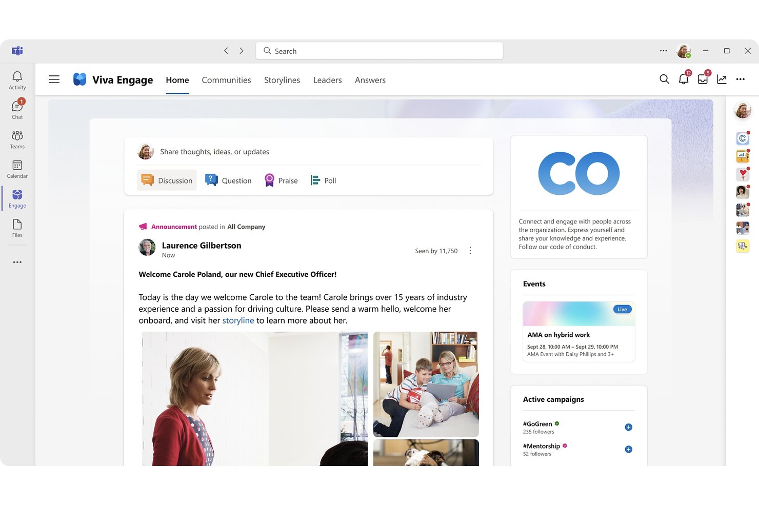 Microsoft Viva Engage-startfeed, der viser en velkomstmeddelelse fra den administrerende direktør med fotos.