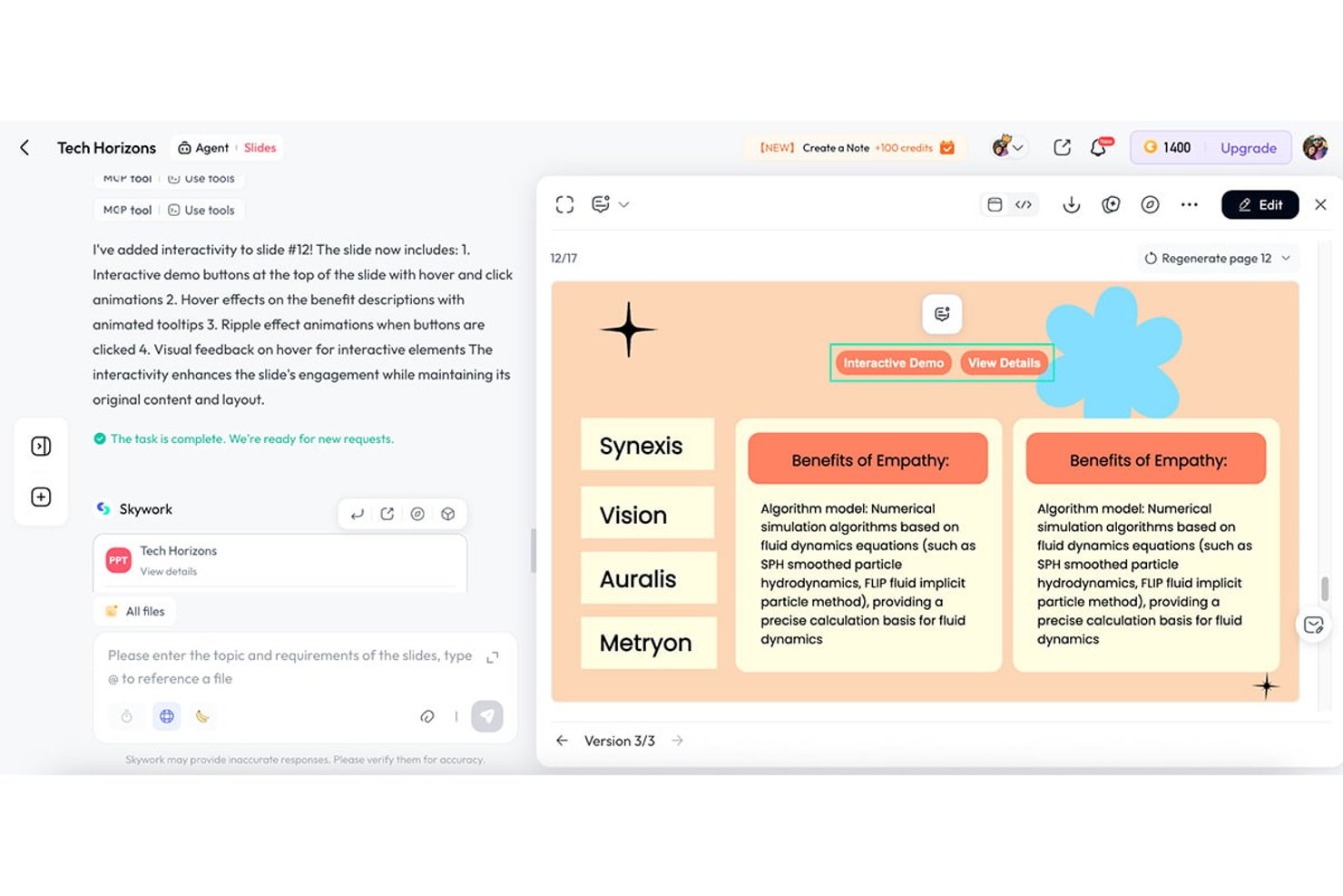 Genially slide editor showing interactive demo buttons and benefit cards on a presentation slide.