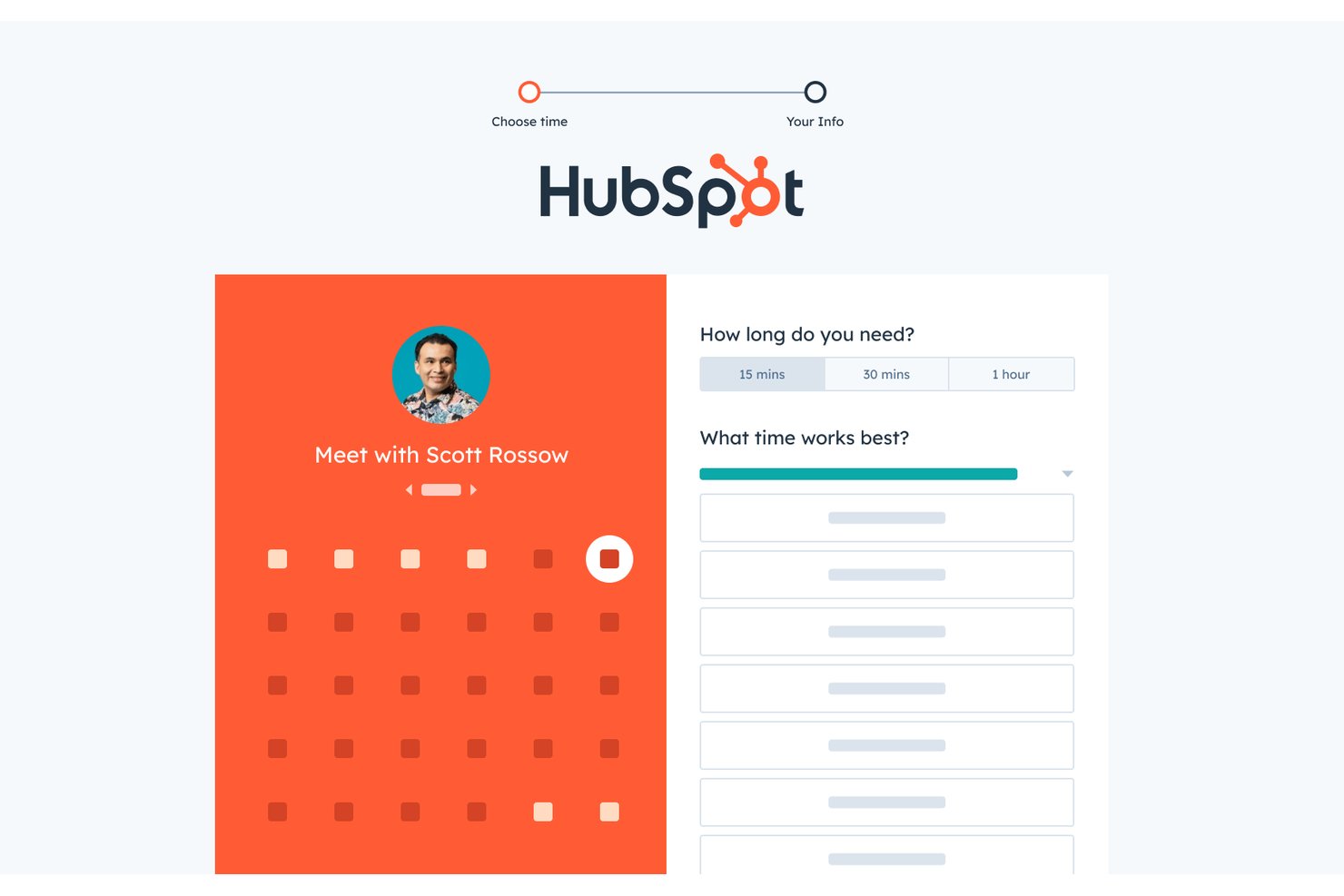 HubSpotin kokousajanvarauskalenteri, kestoasetukset ja ajanvarausaikojen luettelo.