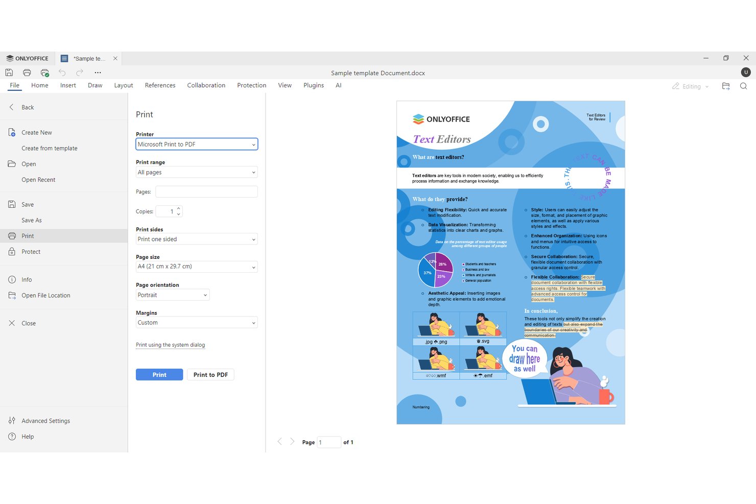 ONLYOFFICE Docs print dialog with PDF printer, page size, and orientation settings.