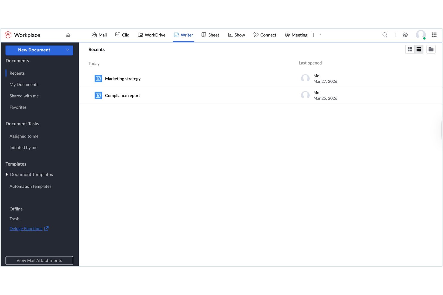 Zoho Workplace Writer dashboard showing recent documents list with dates.