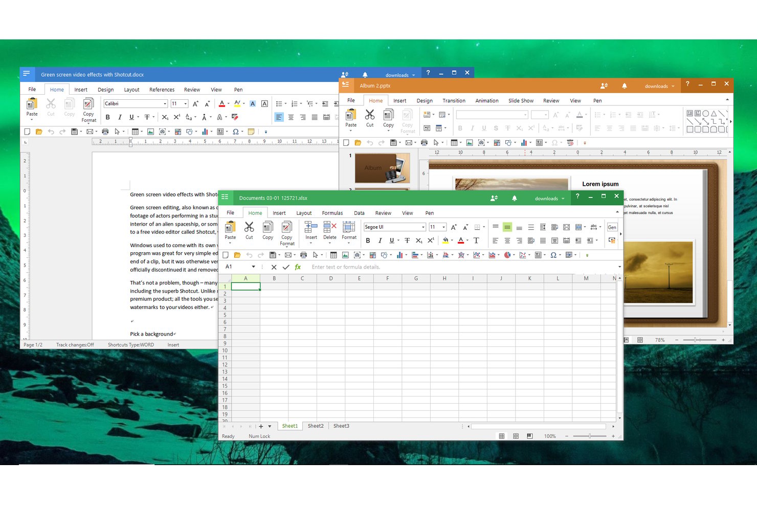 Polaris Office, jossa Word-, Excel- ja PowerPoint-tiedostot ovat avoinna vierekkäin.