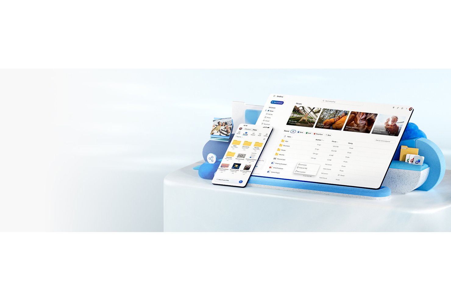 Microsoft OneDrive interface shown on tablet and smartphone with file browser.