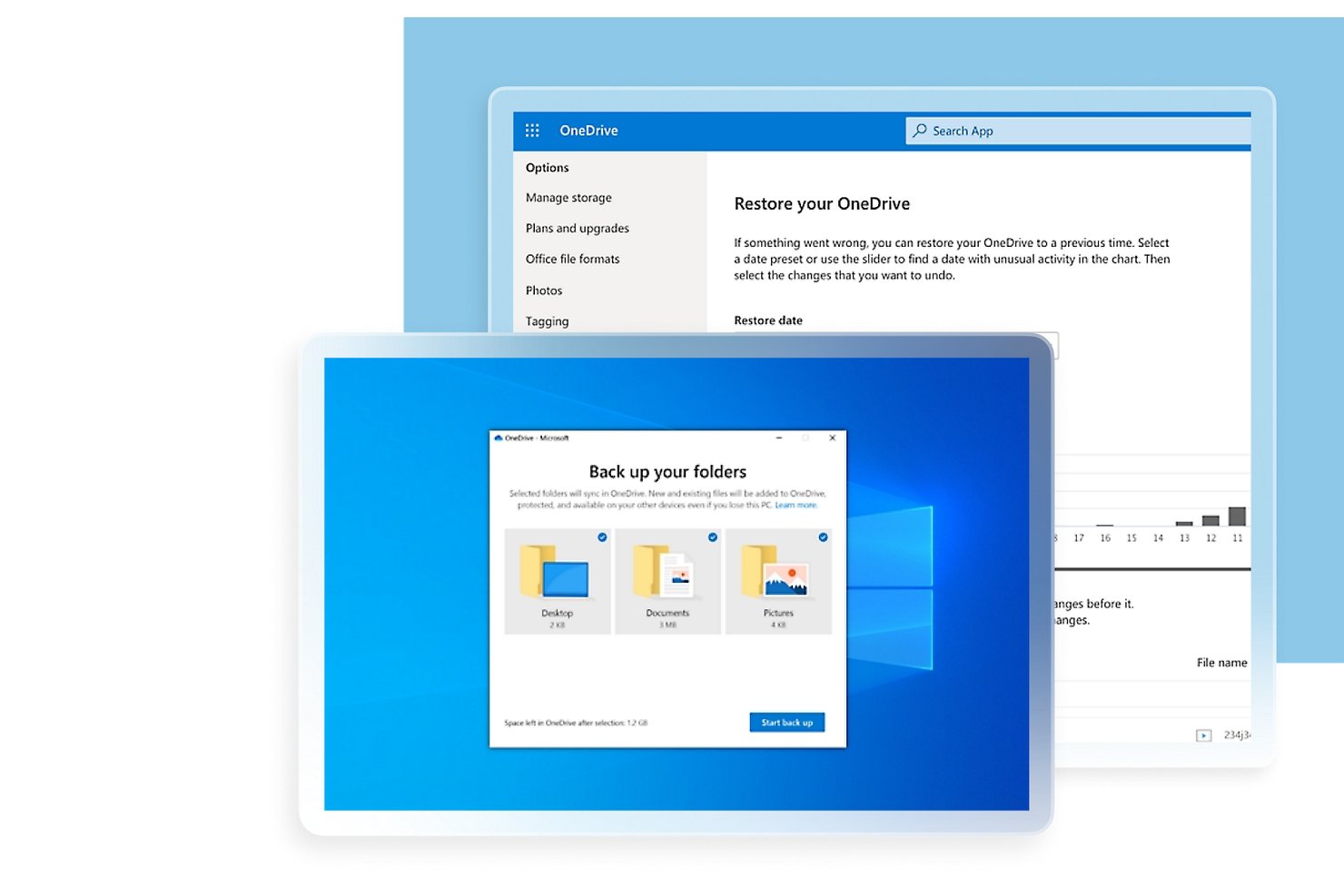 Microsoft OneDriven varmuuskopiointivalintaikkuna, jossa näkyy Työpöytä-, Tiedostot- ja Kuvat-kansioiden valinta.
